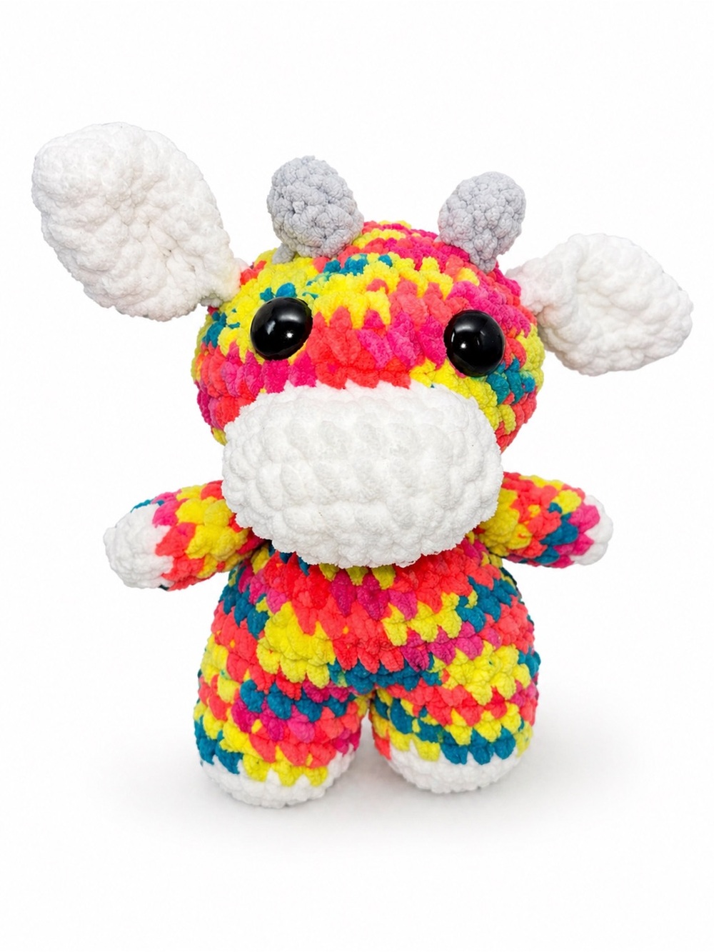 Handmade Crochet Plush Cow Amigurumi Rainbow Neon Stuffed Animal Soft Toy 11.5”
